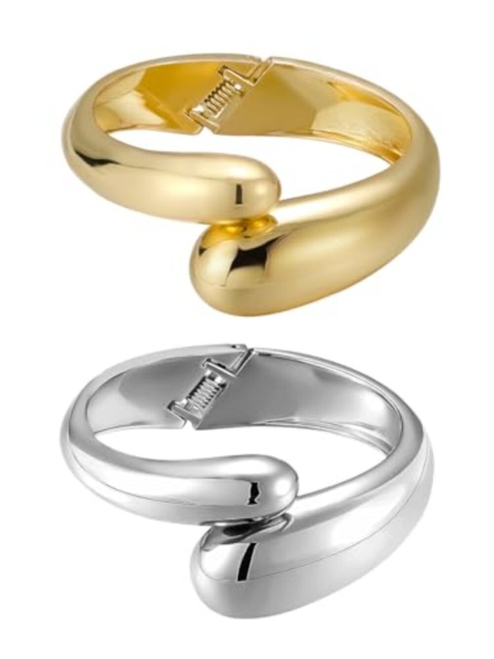 18K Gold Plated Teardrop Hinged Bangle Cuff Bracelet Stack Set of 2 Women